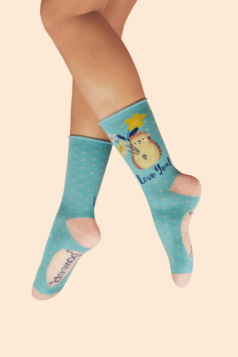 An image of the Powder Hedgehog Sharing Love Ladies Ankle Socks - Aqua