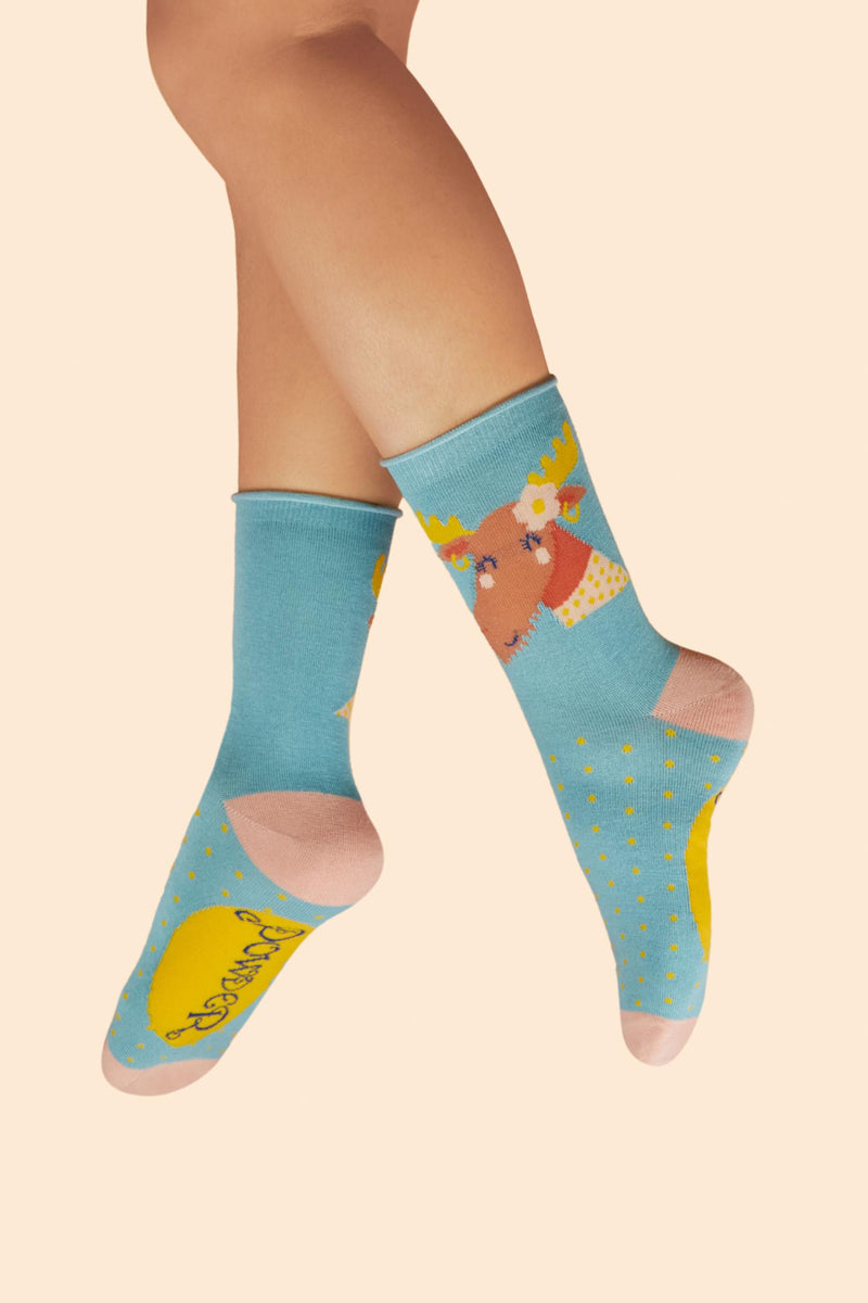 An image of the Powder Missy Moose Ladies Ankle Socks - Denim