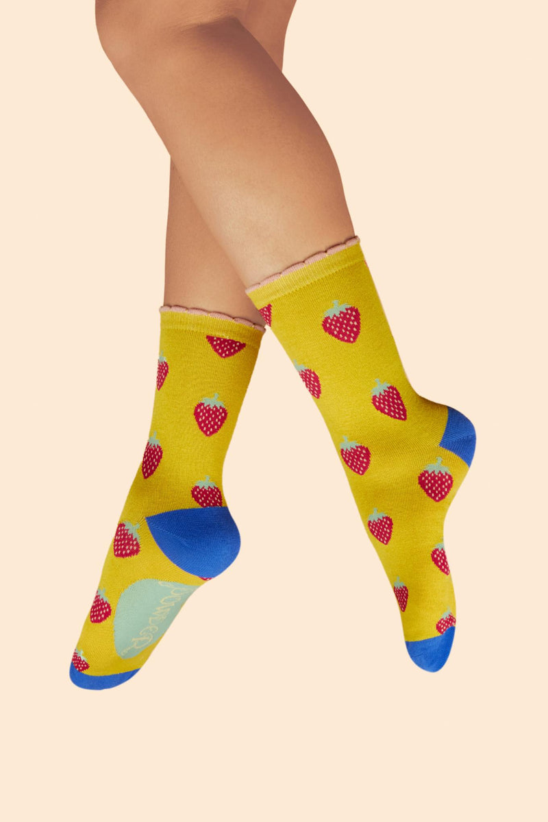 An image of the Powder Succulent Strawberries Ladies Ankle Socks - Mustard