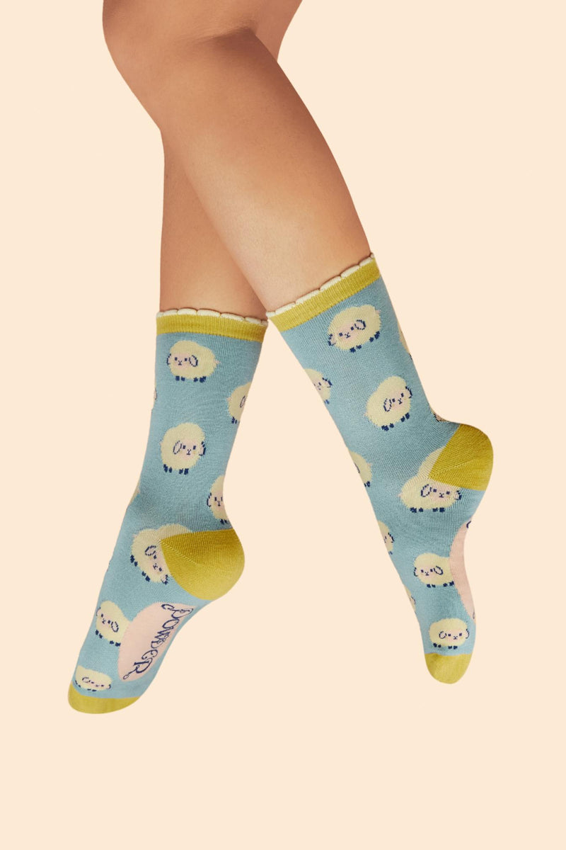 An image of the Powder Marshmallow Sheep Ladies Ankle Socks - Mint