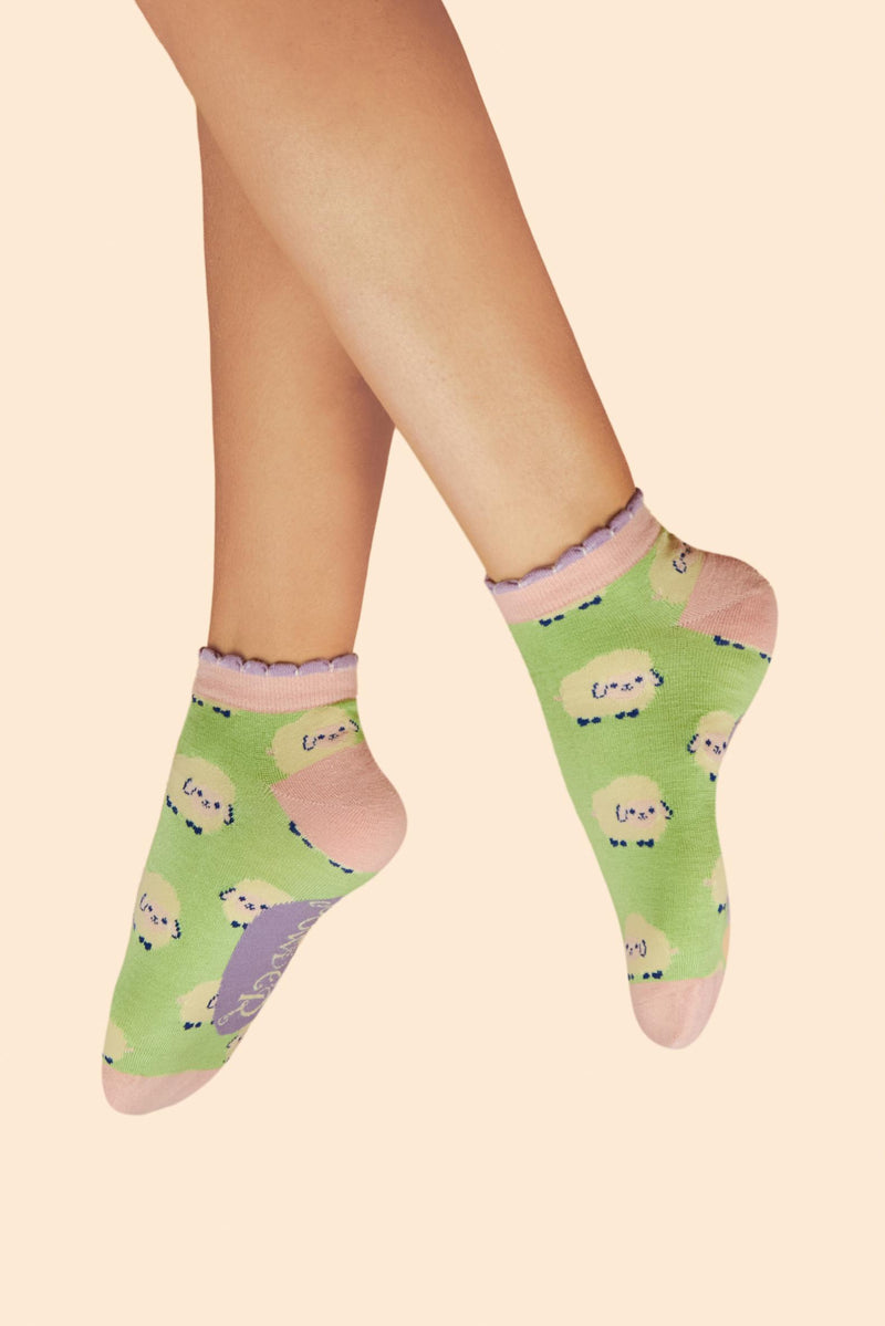 An image of the Powder Marshmallow Sheep Ladies Trainer Socks - Mint
