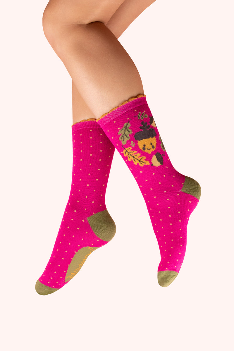 An image of the Powder Happy Acorn Ankle Socks - Fuchsia