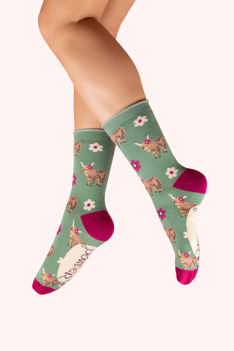 An image of the Powder Highland Cows Ankle Socks