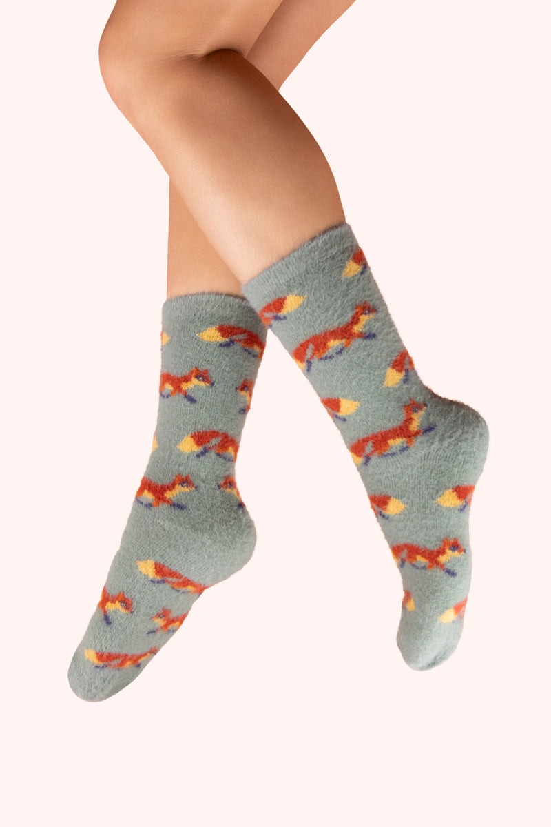 An image of the Powder Mini Foxes Fuzzy Socks - Ice