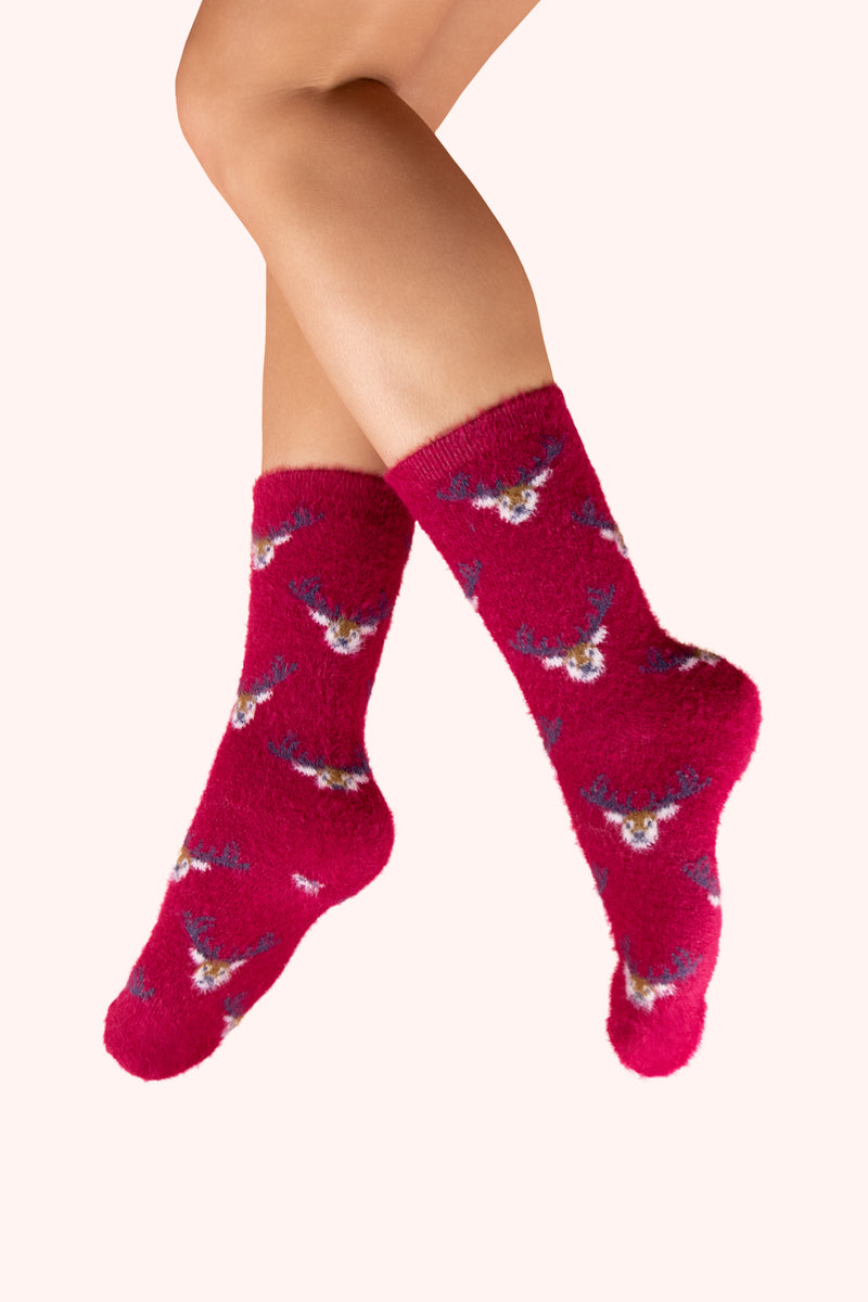 An image of the Powder Mini Stags Fuzzy Socks - Fuchsia
