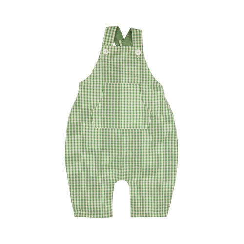 Pigeon Organics Dungarees Check. A pair of soft-feel dungarees with poppers and green check print.