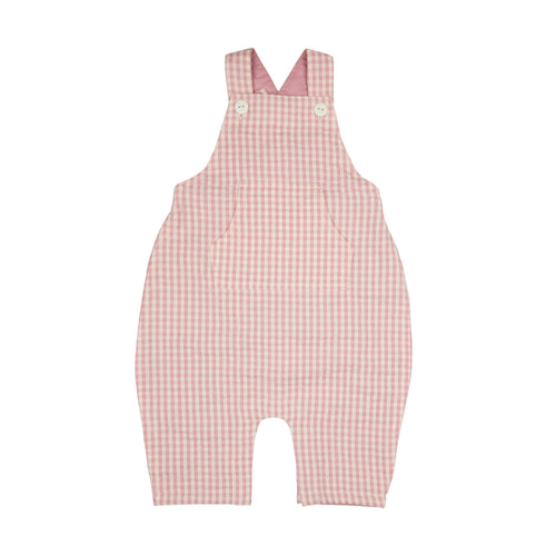 Pigeon Organics Dungarees Check. A pair of soft-feel dungarees with poppers and pink check print.