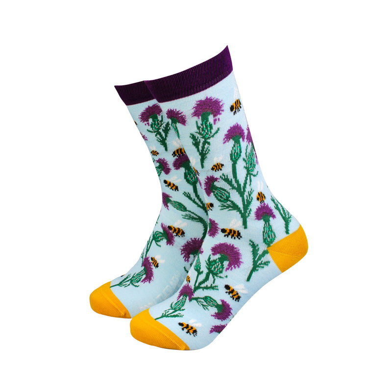 An image of the Smiling Faces Thistle and Bees - Bamboo Socks