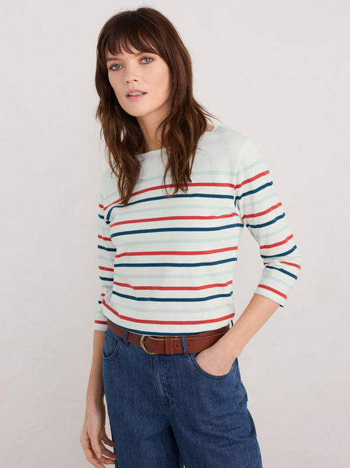 Seasalt Sailor Top. A relaxed fit top with 3/4 length sleeves, boat neck, and multicoloured striped pattern.