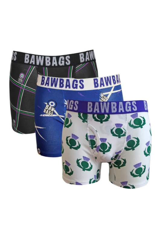 An image of the Bawbags Scottish 3 Pack Boxers in a variety of prints.