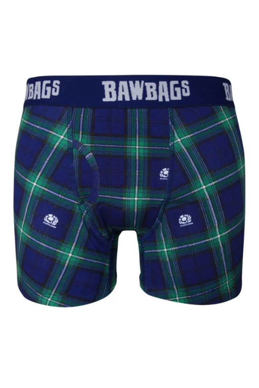 Bawbags Scotland Rugby Tartan Boxer Shorts. A pair of tartan boxer short with Scotland Rugby logo print.
