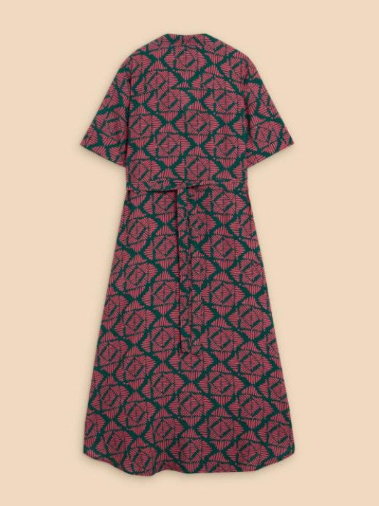 White Stuff Gina Wrap Dress. A midi wrap dress with short sleeves, V-neck, and pink/green print.