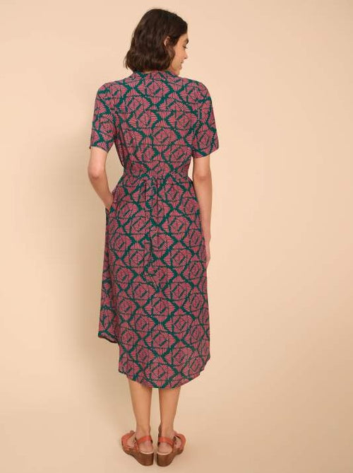 White Stuff Gina Wrap Dress. A midi wrap dress with short sleeves, V-neck, and pink/green print.