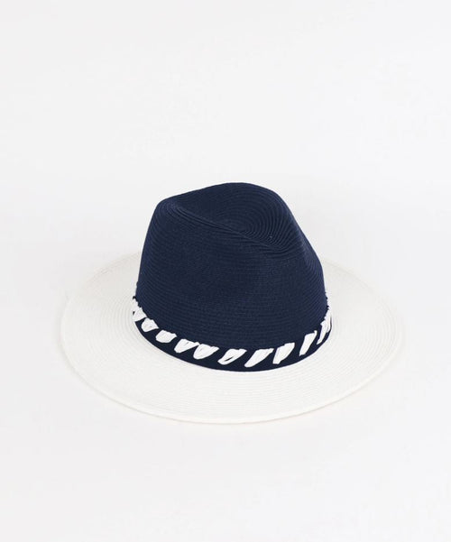 Pia Rossini Sonja Hat. A straw fedora style hat in navy and white with contrasting stripe detail and adjustable side tie.
