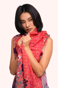 Floral Hedgerow Cotton Polin Scarf - Tangerine