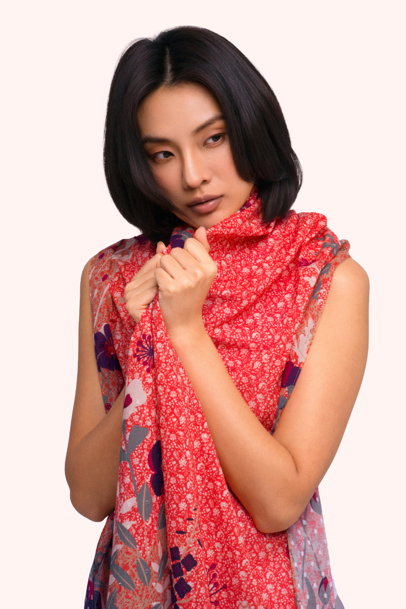 Floral Hedgerow Cotton Polin Scarf - Tangerine