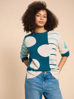 White Stuff Jade Spot/Stripe Jumper. A crew neck jumper with a striped design on one side and a large spot design on the other.
