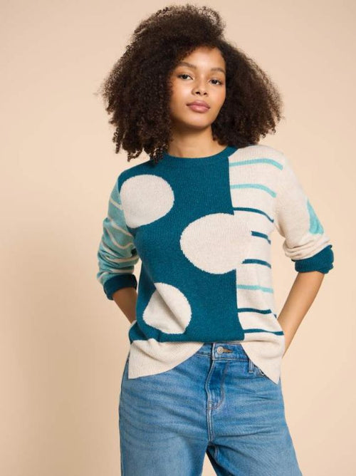 White Stuff Jade Spot/Stripe Jumper. A crew neck jumper with a striped design on one side and a large spot design on the other.