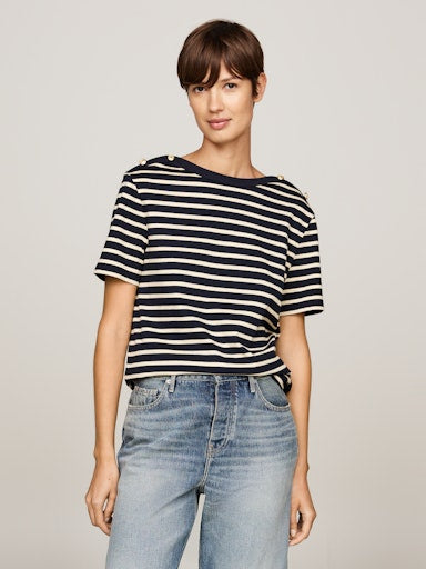 An image of the Tommy Hilfiger Stripe Boat Neck Relaxed T-Shirt