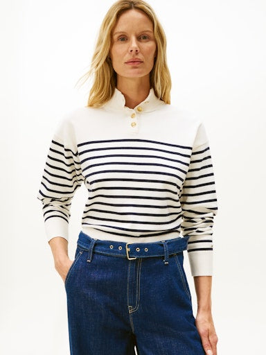 An image of the Tommy Hilfiger Stripe Gold-Tone Button Mock Neck Jumper