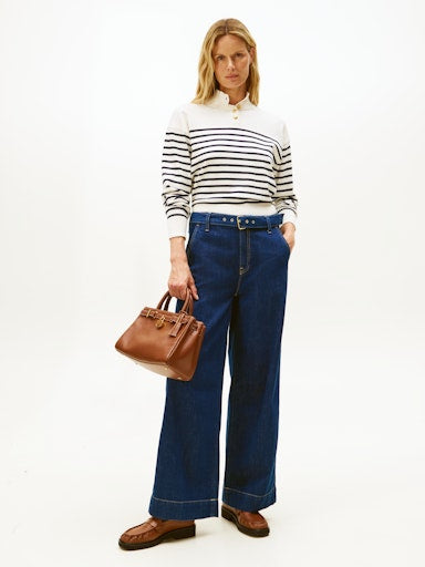 An image of the Tommy Hilfiger Stripe Gold-Tone Button Mock Neck Jumper