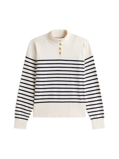 An image of the Tommy Hilfiger Stripe Gold-Tone Button Mock Neck Jumper
