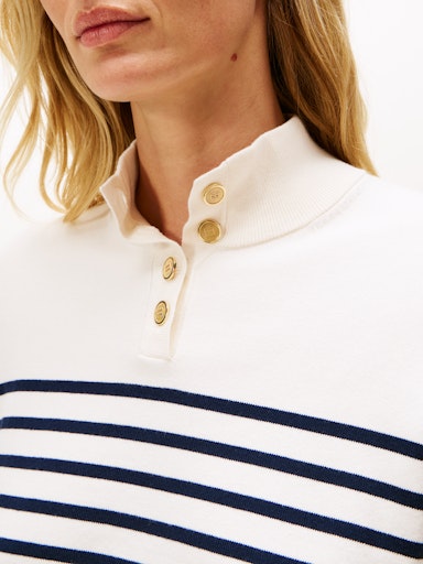 An image of the Tommy Hilfiger Stripe Gold-Tone Button Mock Neck Jumper