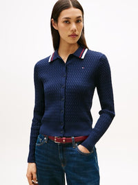 An image of the Tommy Hilfiger Fine Cable Knit Polo Collar Cardigan
