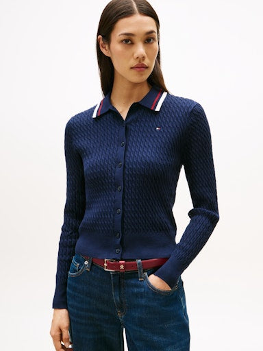 An image of the Tommy Hilfiger Fine Cable Knit Polo Collar Cardigan