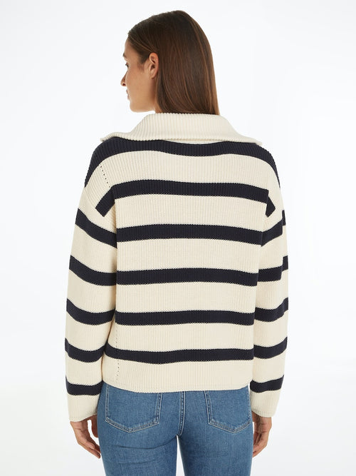 An image of the Tommy Hilfiger Cardigan Stitched Relaxed Half-Zip Jumper in the colour Calico/Breton Stripe.