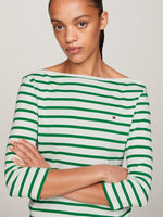 An image of the Tommy Hilifger Boat Neck 3/4 Sleeve Slim T-Shirt in the colour Ecru Green.