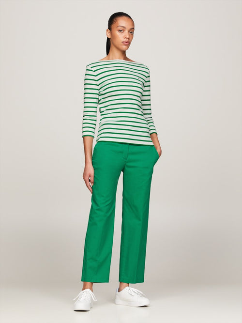 An image of the Tommy Hilifger Boat Neck 3/4 Sleeve Slim T-Shirt in the colour Ecru Green.