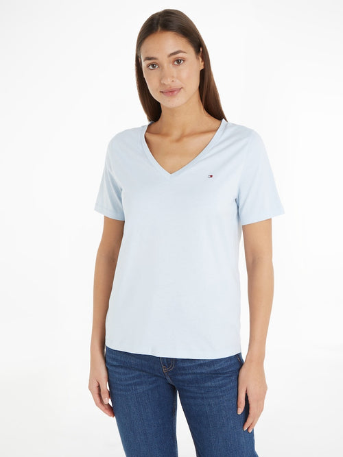 An image of the Tommy Hilfiger V-Neck Flag Embroidery T-Shirt in the shade Blue
