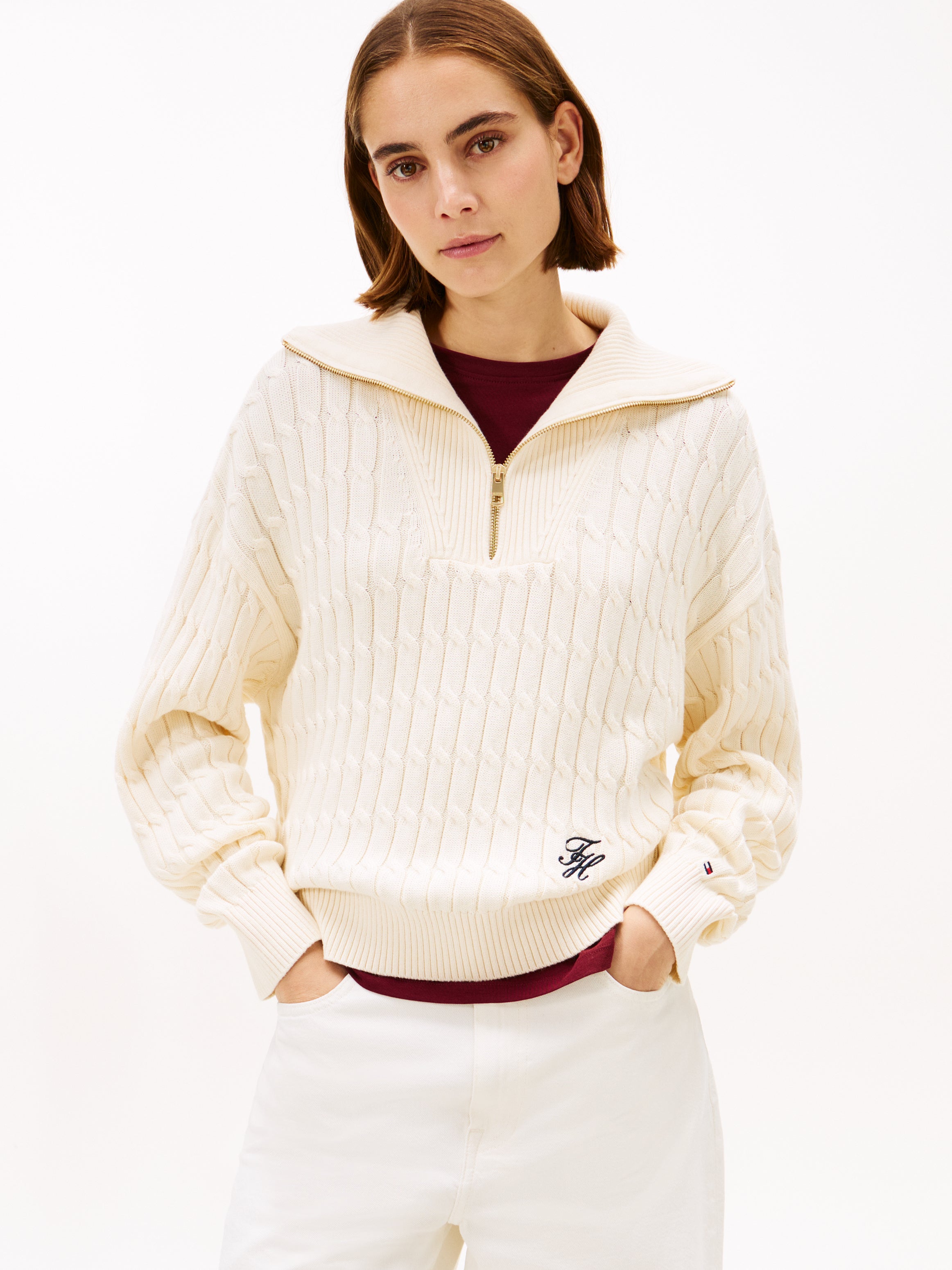 An image of the Tommy Hilfiger Relaxed Cable Knit Half-Zip Jumper