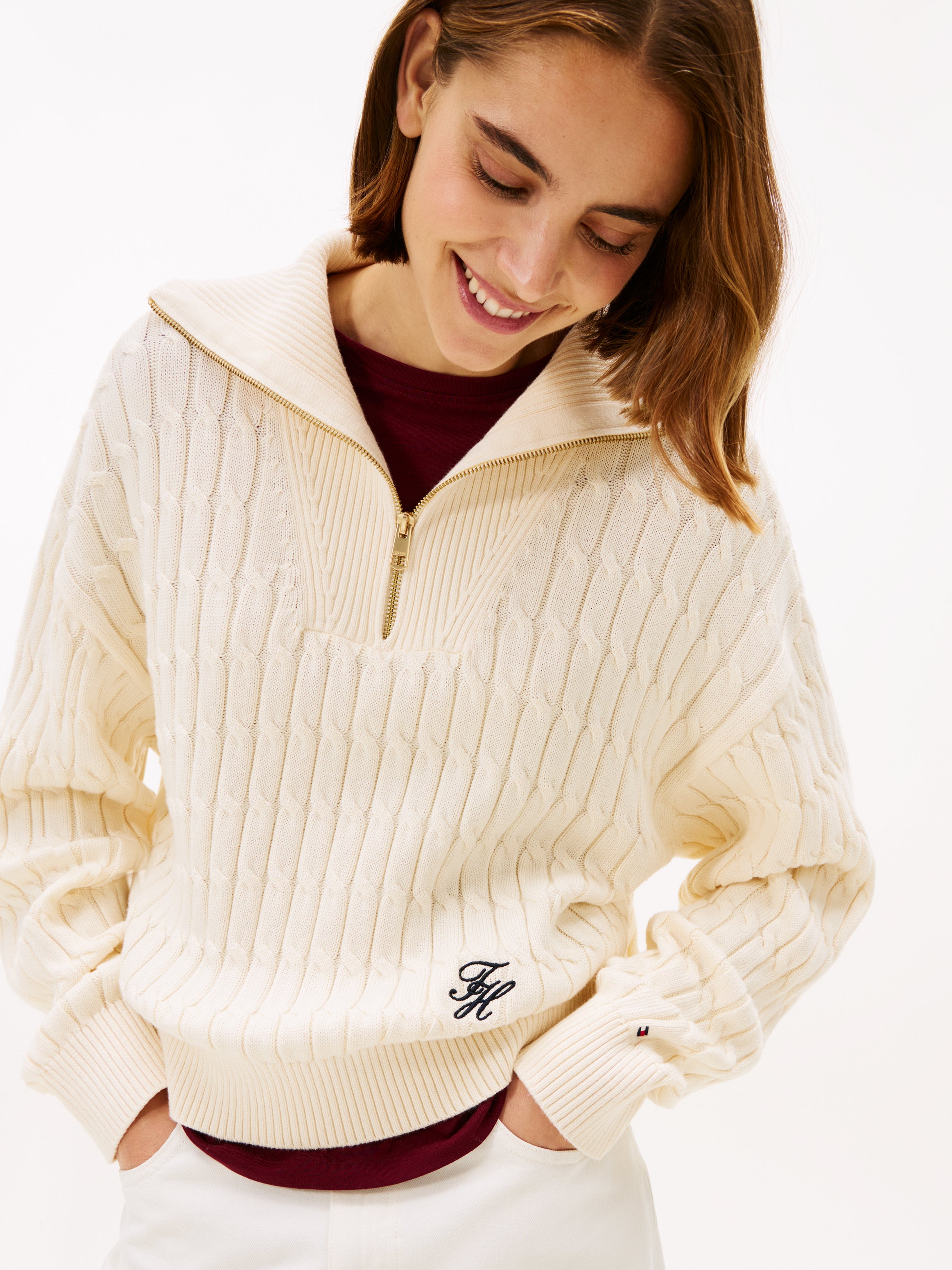 An image of the Tommy Hilfiger Relaxed Cable Knit Half-Zip Jumper