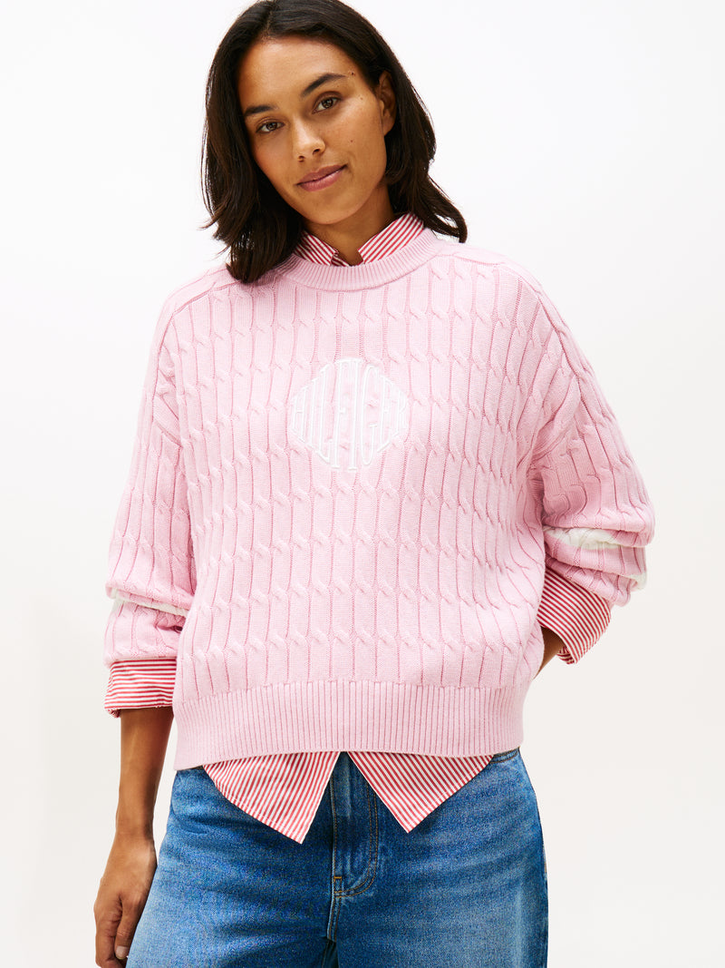 An image of the Tommy Hilfiger Logo Embroidery Relaxed Cable Knit Jumper