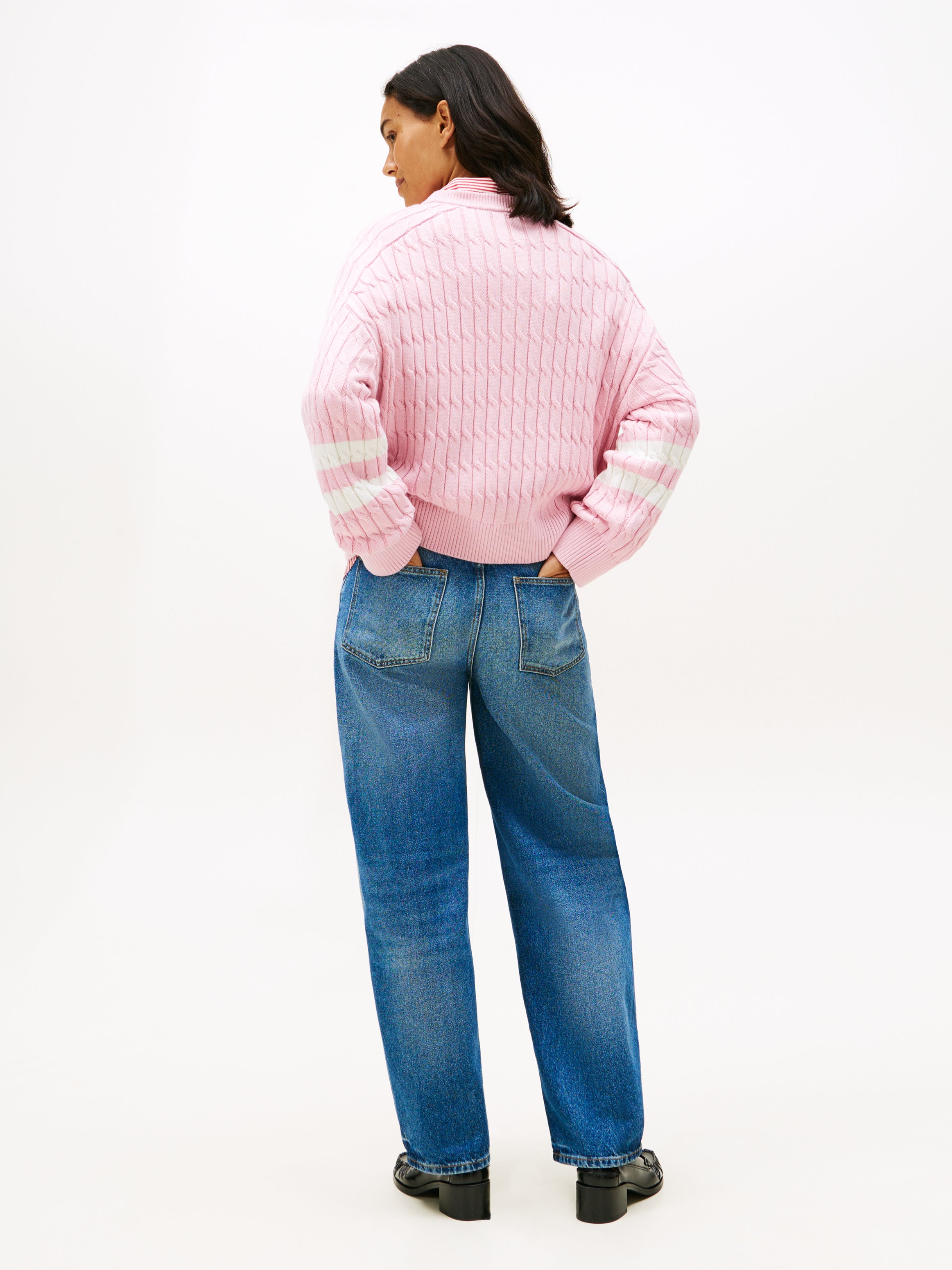 An image of the Tommy Hilfiger Logo Embroidery Relaxed Cable Knit Jumper