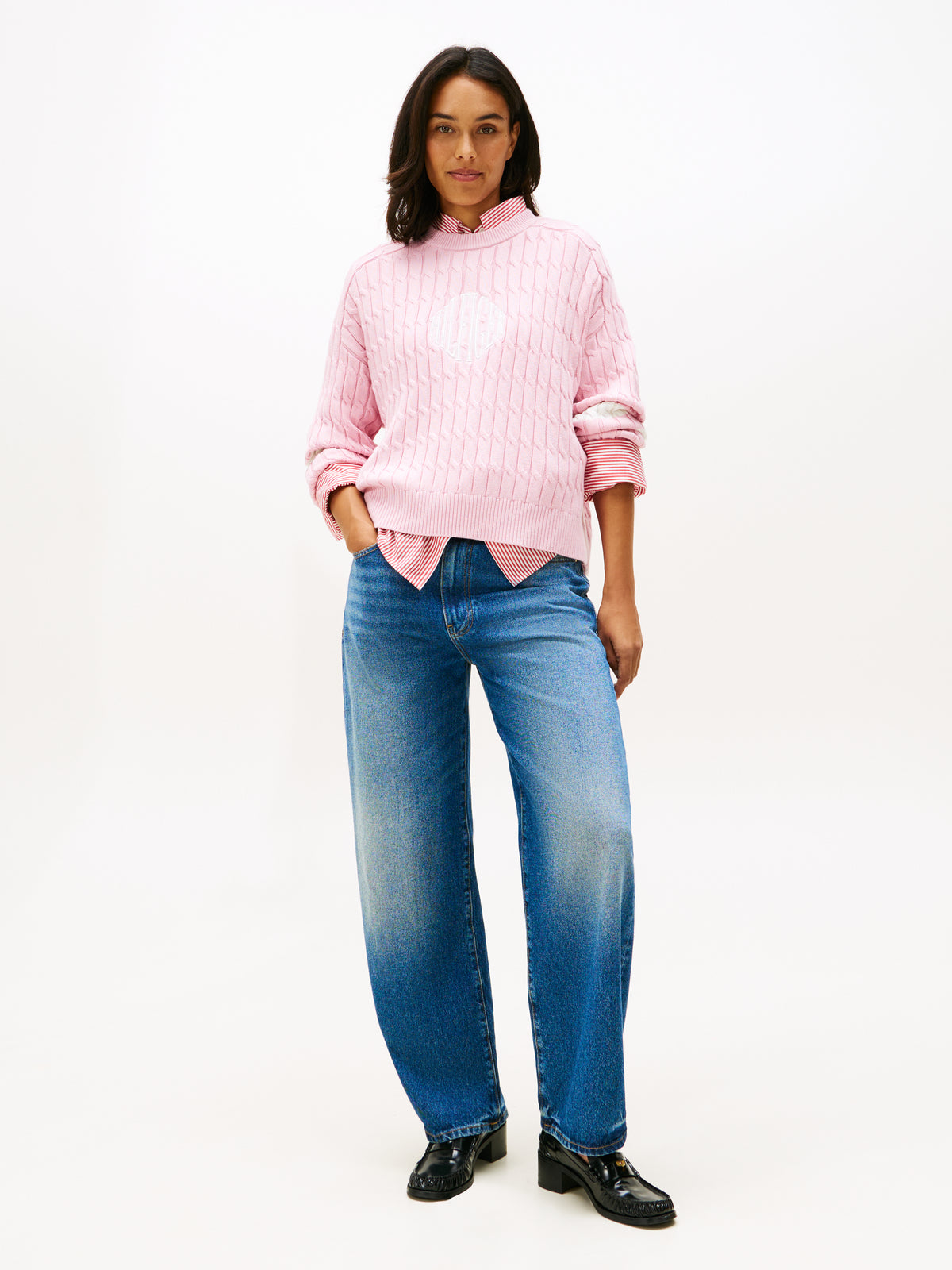 An image of the Tommy Hilfiger Logo Embroidery Relaxed Cable Knit Jumper