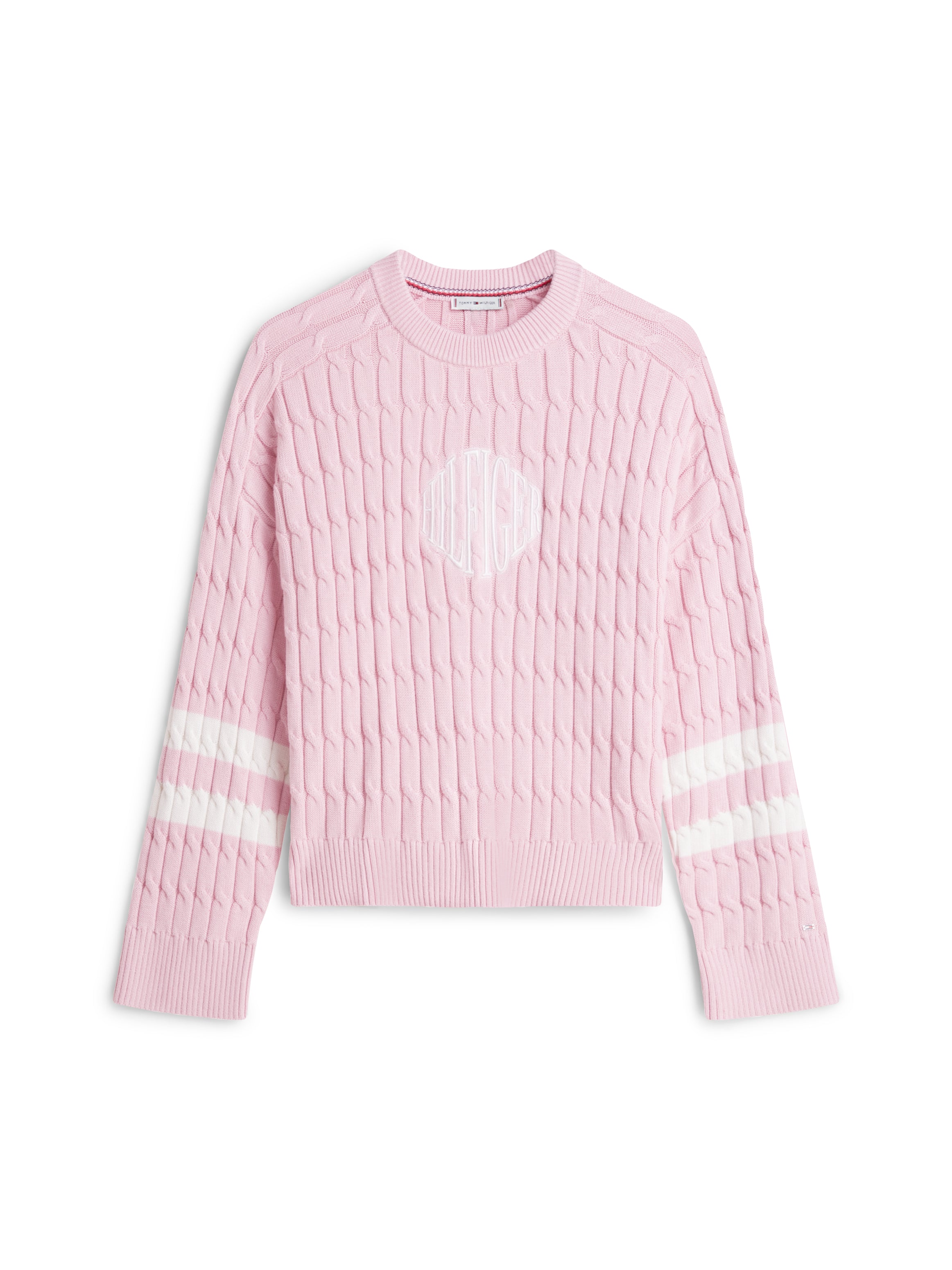 An image of the Tommy Hilfiger Logo Embroidery Relaxed Cable Knit Jumper