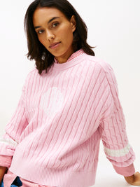 An image of the Tommy Hilfiger Logo Embroidery Relaxed Cable Knit Jumper