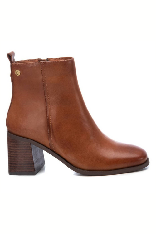 Carmela Leather Mid Heel Ankle Boot. A pair of camel coloured ankle boots with 7cm heel. These boots are made from leather, with side zip closure and non-slip sole.