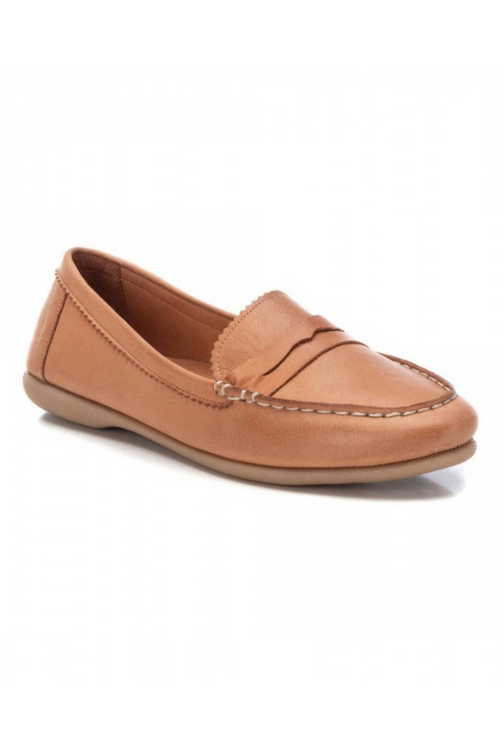 Carmela Leather Loafer. A pair of moccasin style, camel coloured loafers with non-slip sole.