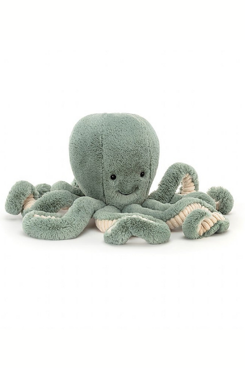 Jellycat Odyssey Octopus. A soft toy octopus with blue fur, smiling face, and long springy arms.
