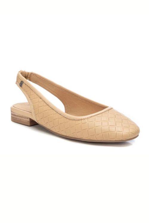 Carmela Flat Sandal. A pair of beige leather sandals with geometric design, non-slip sole, and sling back.