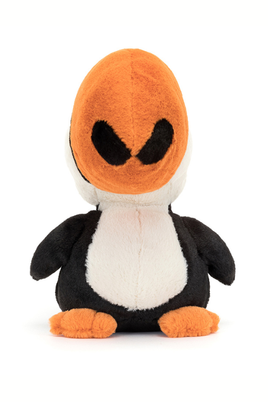 Jellycat Bodacious Beak Toucan. A soft toy toucan with big orange beak and black and white fur.