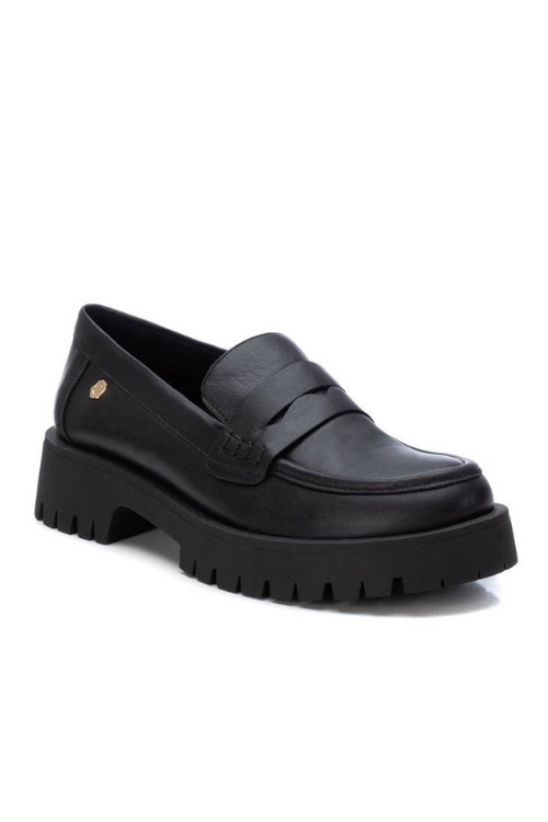 Carmela Chunky Leather Loafer. A pair of black leather moccasin style loafers with non-slip sole.