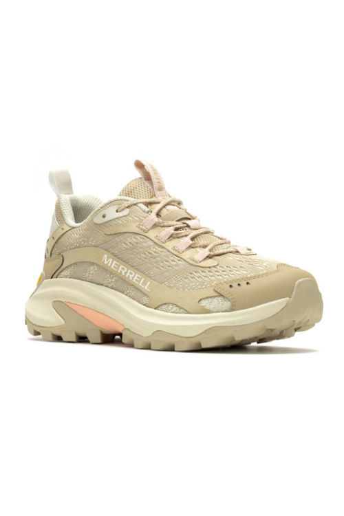Merrell Moab Speed 2 Trainer. A pair of lightweight hiking trainers made from recycled materials, in the colour khaki.