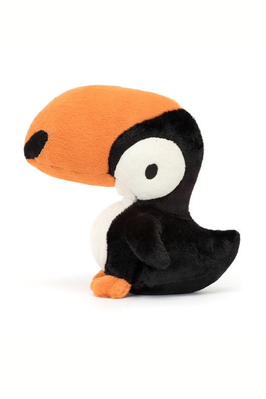 Jellycat Bodacious Beak Toucan. A soft toy toucan with big orange beak and black and white fur.