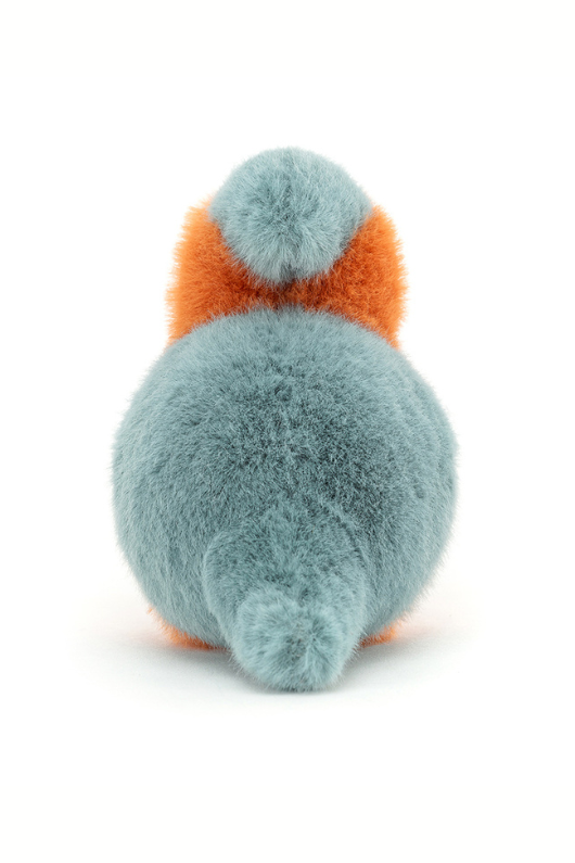 Jellycat Kingfisher Bird. A soft toy bird with blue, orange and white fur and pointy beak.