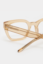 GLAS Kiara Readers. A pair of translucent caramel coloured reading glasses with a bold frame.